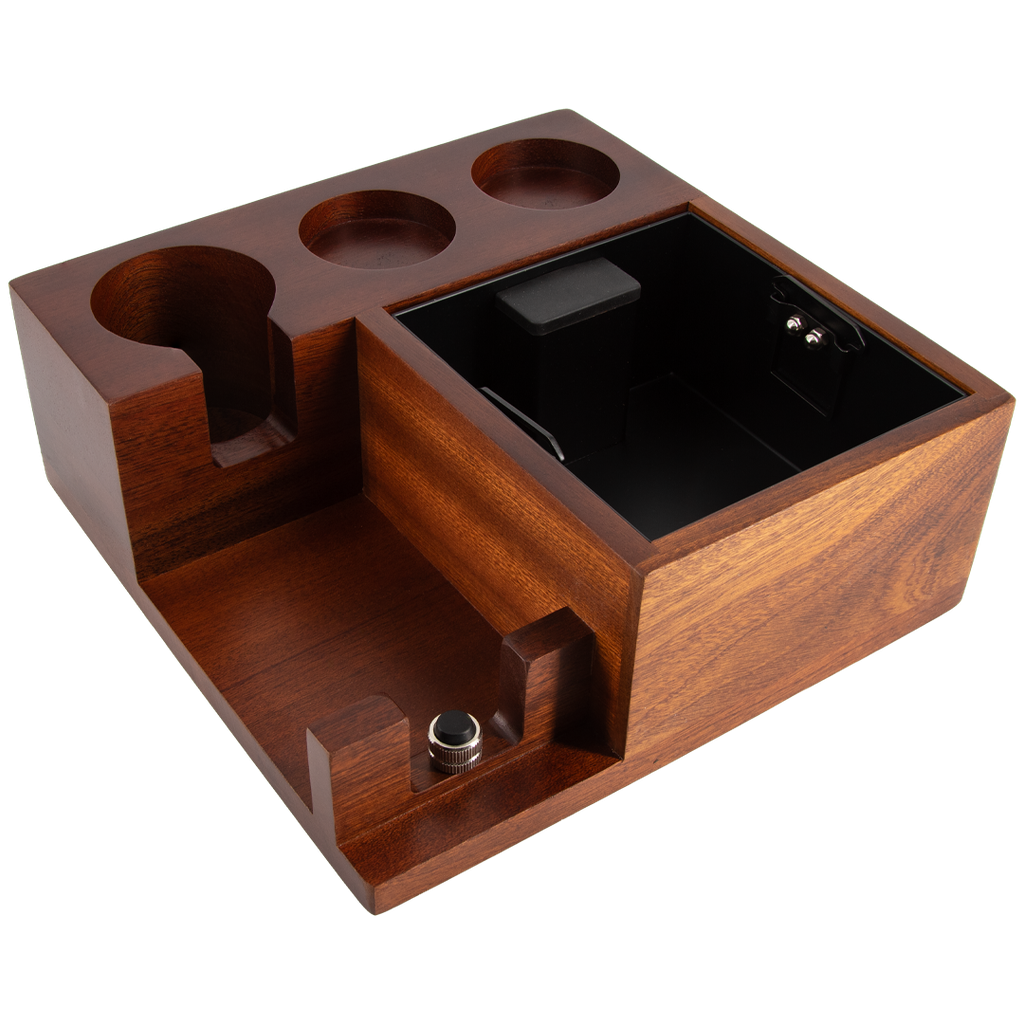 Wooden Tamping Station With Knock Box For Espresso. Size 23.5×23.5×8 cm