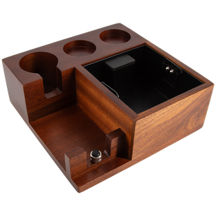 Wooden Tamping Station With Knock Box For Espresso. Size 23.5×23.5×8 cm